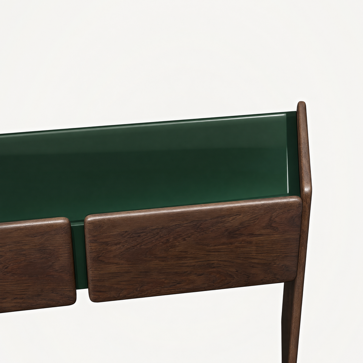 Rich Dark Oak frames the recessed green surface of Valerio Sommella’s Dista Console, creating a bold interplay of open and closed forms at ACERKA Miami.