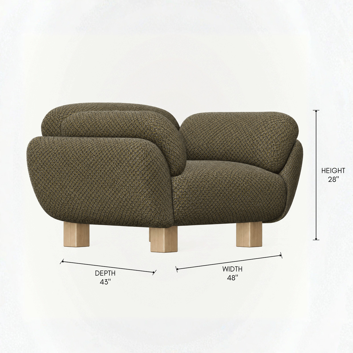 The Kara Lounge Chair by Kar Duran features a broad rounded seat, integrated arms, and continuous Olive Green upholstery for ACERKA Miami.
