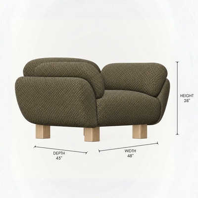 The Kara Lounge Chair by Kar Duran features a broad rounded seat, integrated arms, and continuous Olive Green upholstery for ACERKA Miami.
