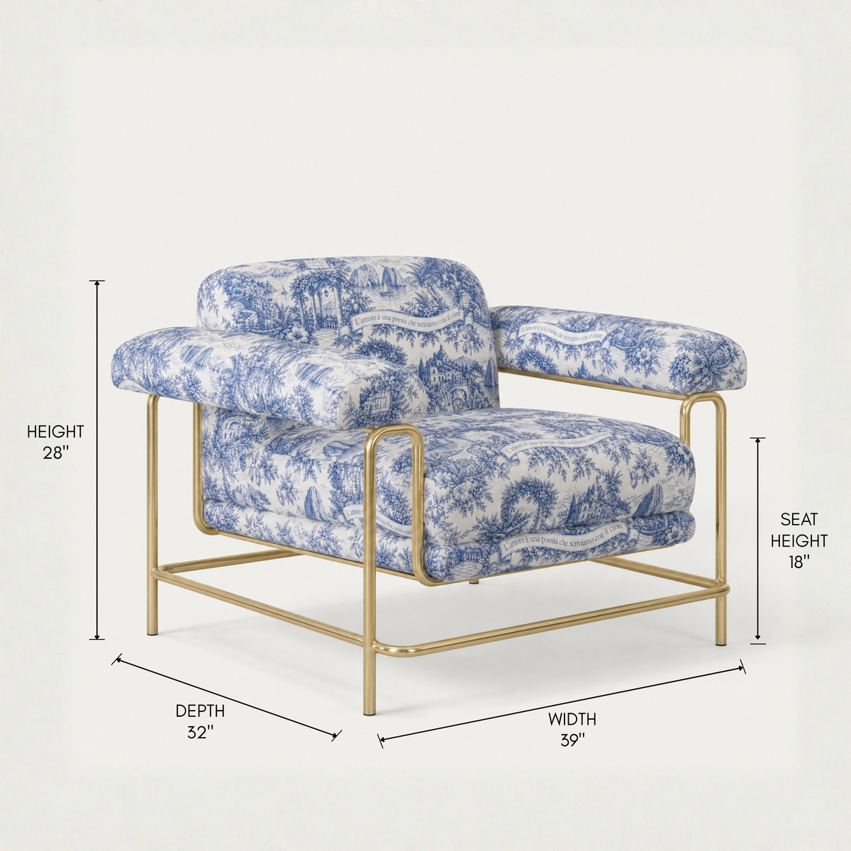 The Lari Accent Chair by Kar Duran features a polished brass frame, sculptural armrests, and Capri Blue patterned upholstery inspired by Italian coastal scenes for ACERKA Miami.
