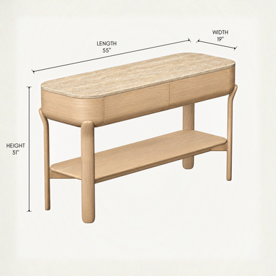 The Lifa Console Table by Ramón Esteve combines Natural Oak with a choice of Travertine, Arabescato marble, or Verde Alpi marble, available through ACERKA Miami.