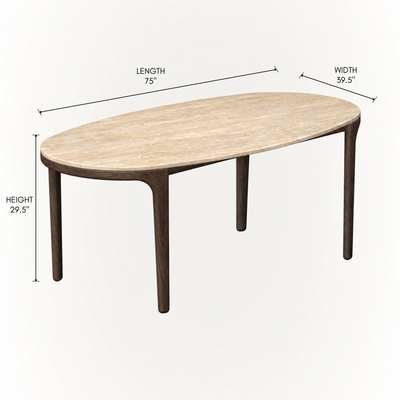 The Tcha Dining Table features an elongated Italian Travertine surface supported by refined Dark Oak legs, presented by ACERKA Miami for contemporary dining spaces.