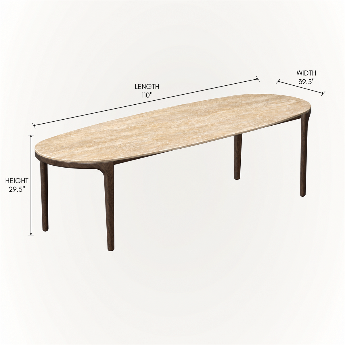 The Tcha Dining Table pairs softly rounded Italian Travertine with slender Dark Oak proportions, creating an architectural dining centerpiece presented by ACERKA Miami.