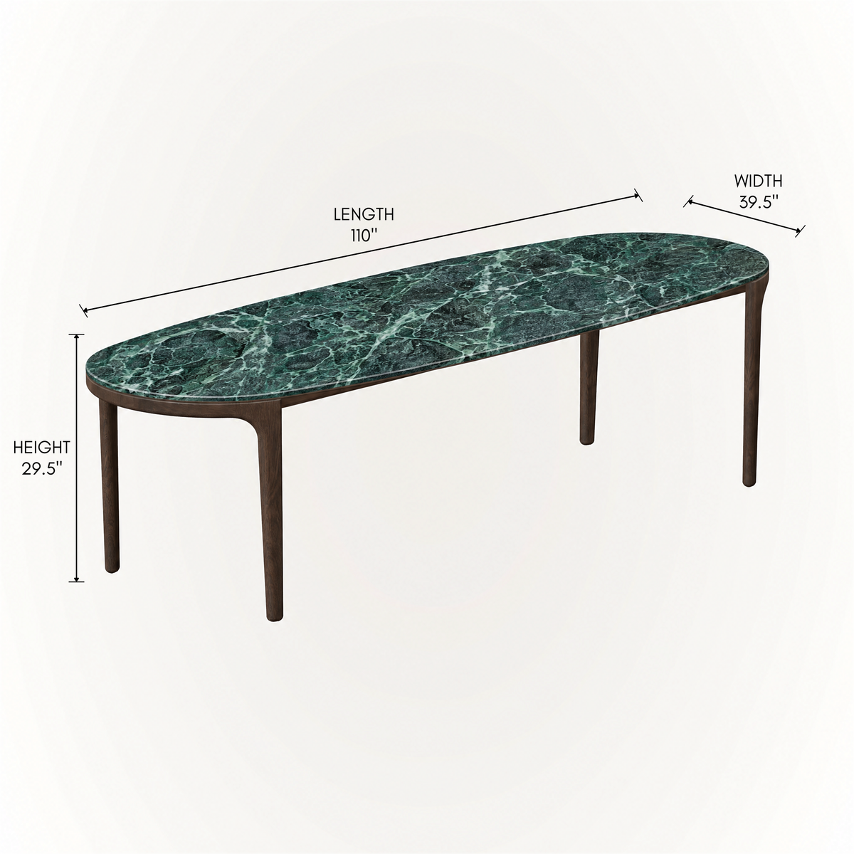With its elongated stone surface and clean four-leg silhouette, ACERKA Miami’s Tcha Dining Table pairs expressive Verde Alpi marble with rich Dark Oak.