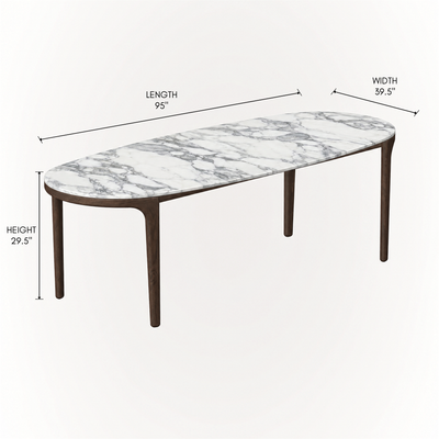 The Tcha Dining Table balances a substantial Arabescato marble surface with slender Dark Oak proportions for a visually light contemporary design at ACERKA Miami.