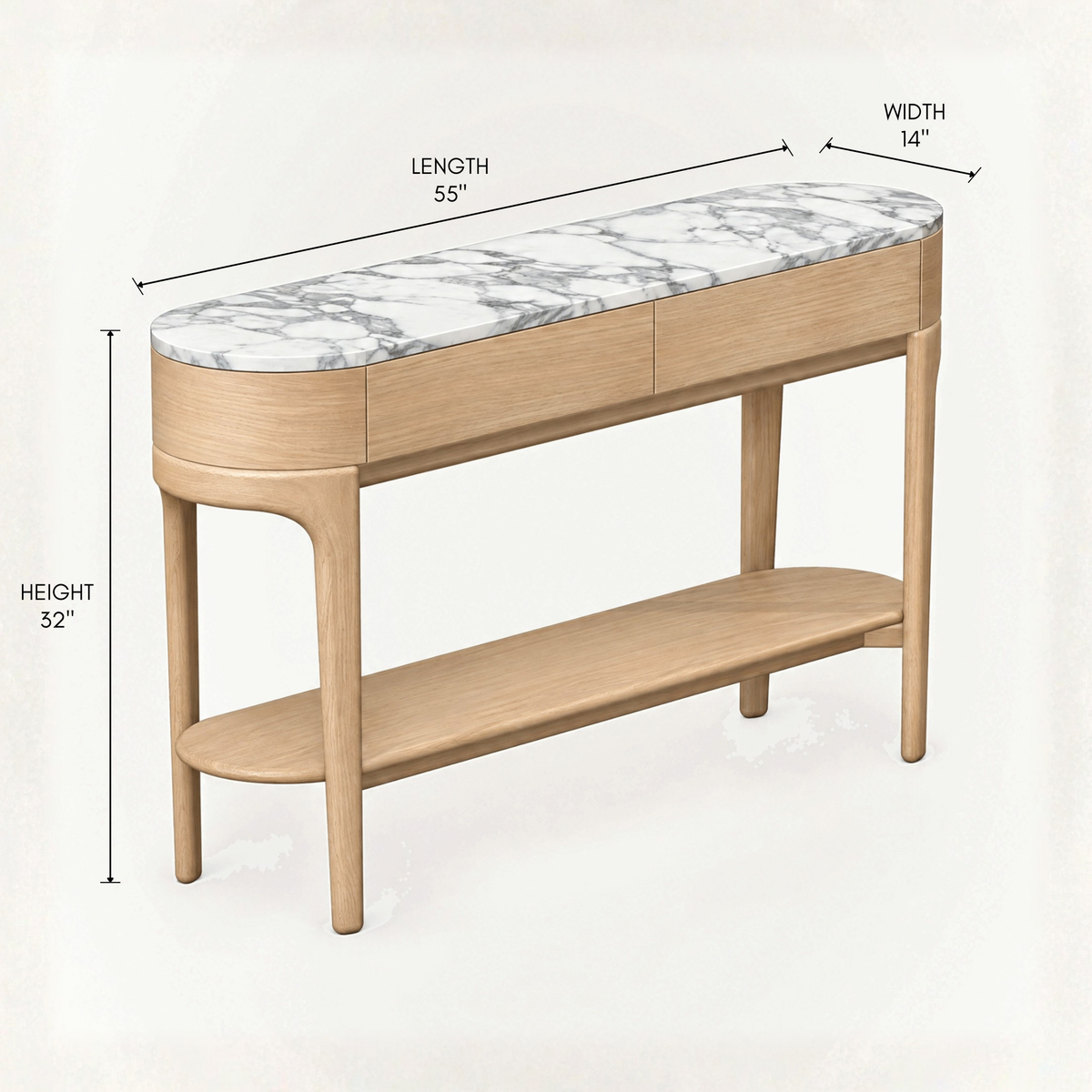 Designed by Ramón Esteve, the Tcha Oak Console pairs a striking Italian Arabescato marble top with natural wood tones and a sculptural FSC-certified solid oak base for ACERKA Miami.