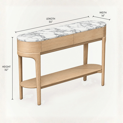 Designed by Ramón Esteve, the Tcha Oak Console pairs a striking Italian Arabescato marble top with natural wood tones and a sculptural FSC-certified solid oak base for ACERKA Miami.