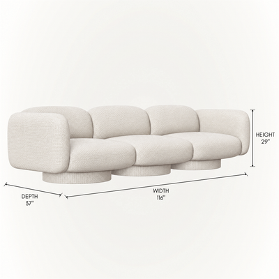 The Rimo 3-Seater Sofa by Kar Duran features a low sculptural profile, rounded cushions, enveloping arms, and Alpine White upholstery for ACERKA Miami.
