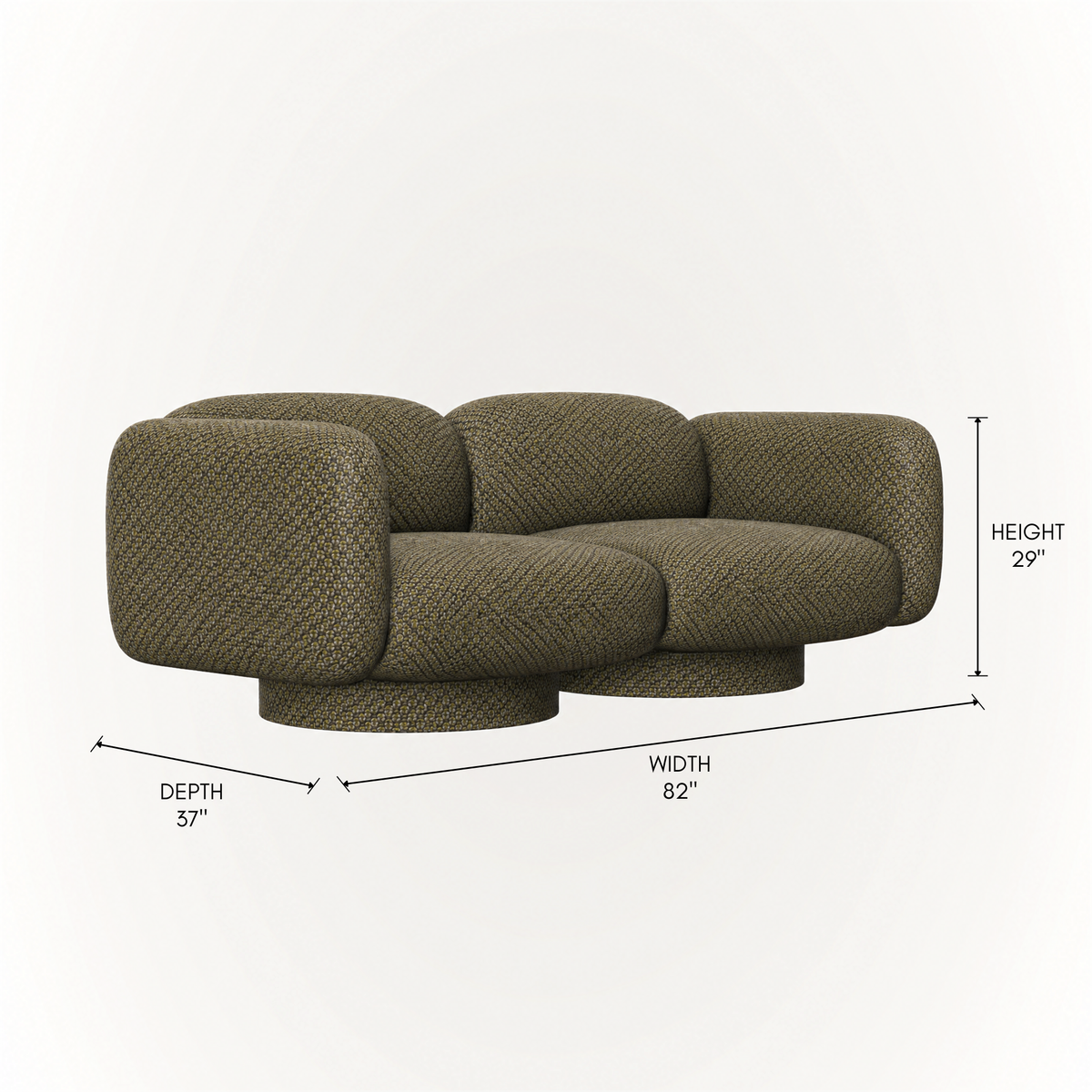 The Rimo 2-Seater Sofa by Kar Duran features a low sculptural profile, rounded upholstery, generous cushioning, and rich Olive Green fabric for ACERKA Miami.
