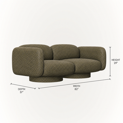 The Rimo 2-Seater Sofa by Kar Duran features a low sculptural profile, rounded upholstery, generous cushioning, and rich Olive Green fabric for ACERKA Miami.

