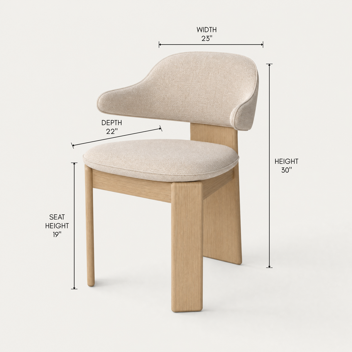 The Gaba Dining Armchair by Valerio Sommella features a curved upholstered backrest, cushioned seat, and FSC-certified Natural Oak frame for ACERKA Miami.

