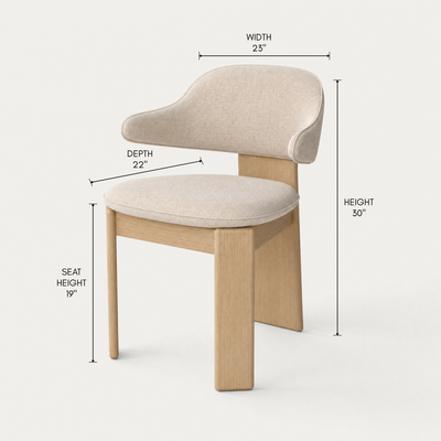 The Gaba Dining Armchair by Valerio Sommella features a curved upholstered backrest, cushioned seat, and FSC-certified Natural Oak frame for ACERKA Miami.
