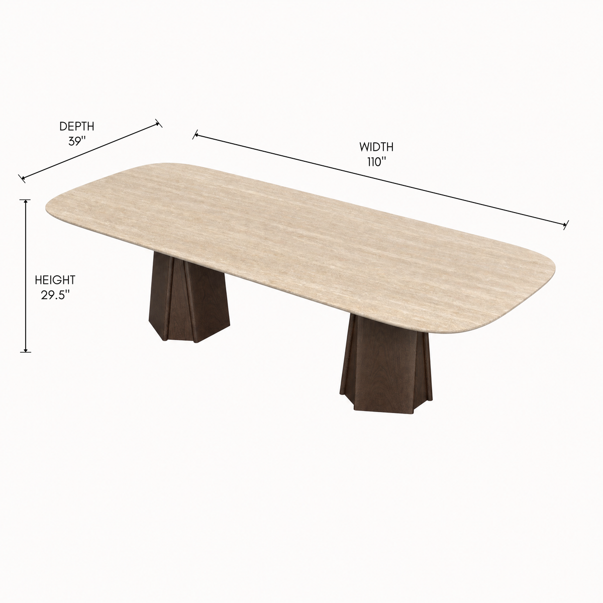 Valerio Sommella brings sculptural geometry to the Chuli Rectangular Dining Table through a beveled travertine top and tapered solid oak base, presented by ACERKA Miami.