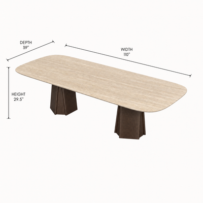 Valerio Sommella brings sculptural geometry to the Chuli Rectangular Dining Table through a beveled travertine top and tapered solid oak base, presented by ACERKA Miami.