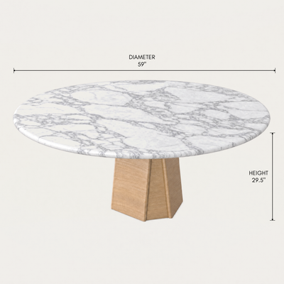 The Chuli Round Dining Table by Valerio Sommella features an Italian Arabescato marble top with expressive gray veining and a bold architectural base for ACERKA Miami.
