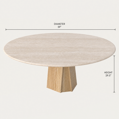 The Chuli Round Dining Table by Valerio Sommella features an Italian Light Travertine top with subtle tonal variation and a bold architectural base for ACERKA M
