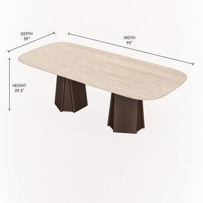 Valerio Sommella pairs a precision-beveled Italian travertine top with sculpted oak supports in the Chuli Rectangular Dining Table, available through ACERKA Miami.