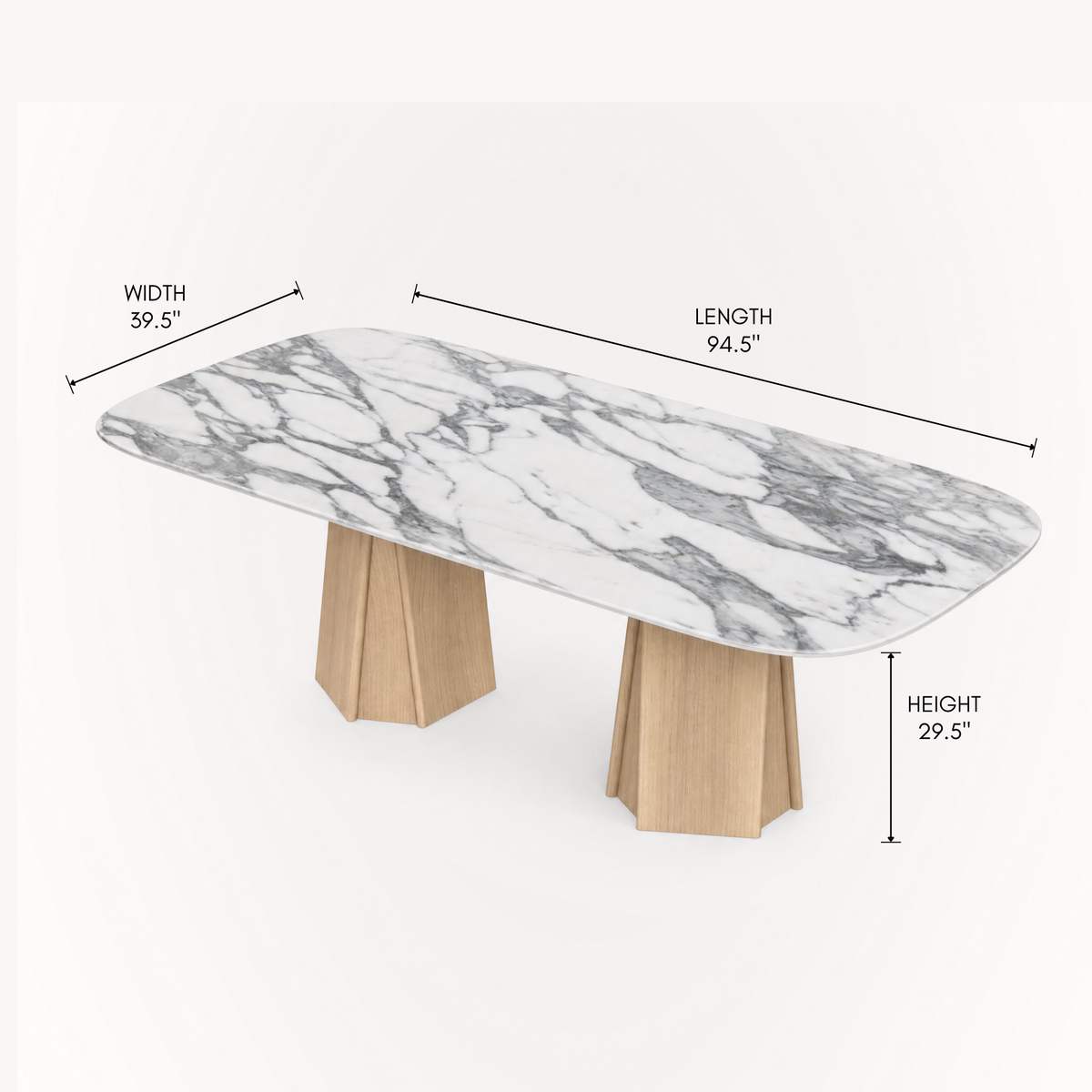 The Chuli Rectangular Dining Table combines a striking Arabescato marble surface with a bold architectural oak base, designed by Valerio Sommella for ACERKA Miami.