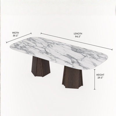 ACERKA Miami presents the Chuli Rectangular Dining Table by Valerio Sommella, combining a distinctive Arabescato marble surface with a bold architectural oak base.