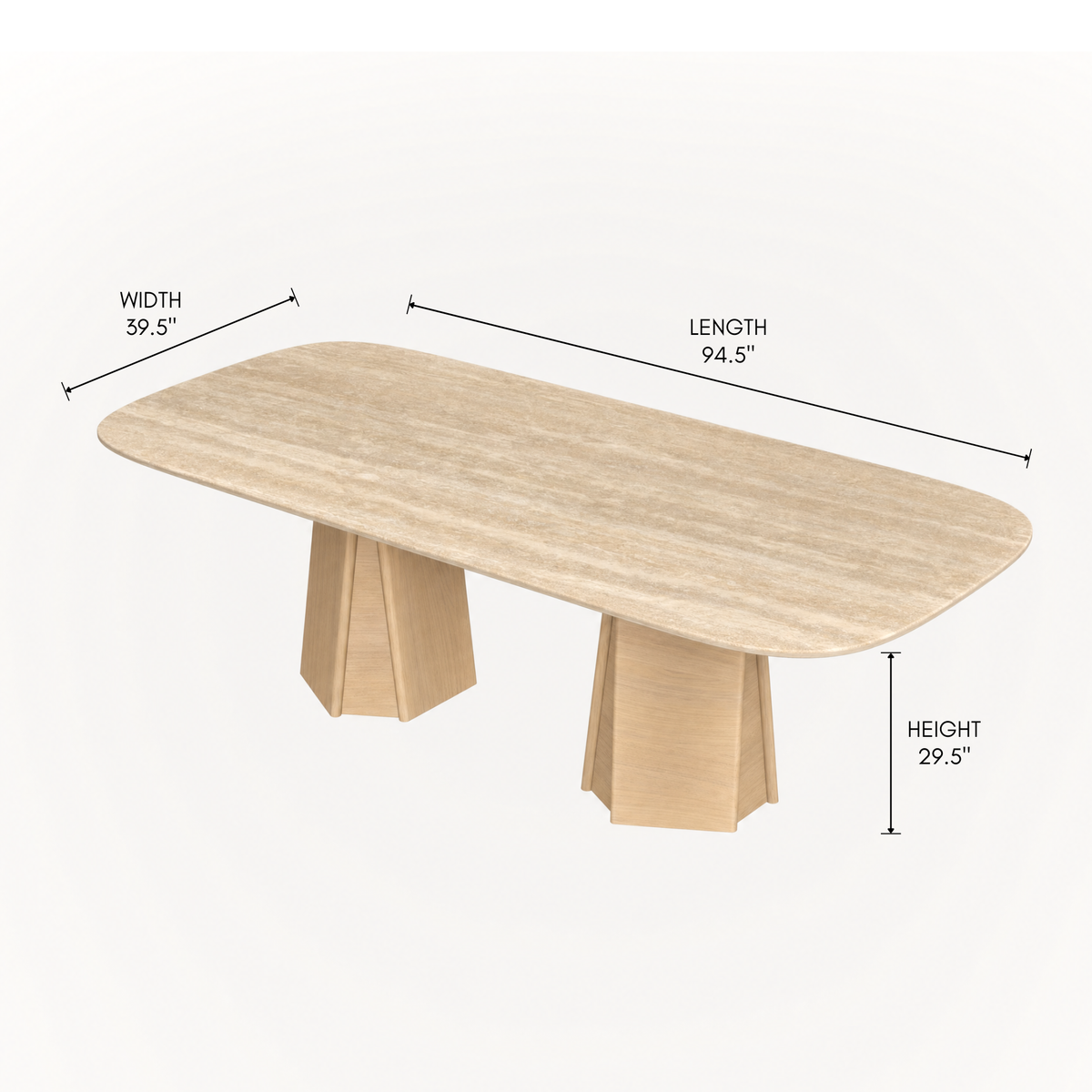 ACERKA Miami presents the Chuli Rectangular Dining Table by Valerio Sommella, featuring a beveled Italian Classic Travertine top and tapered solid oak pedestals.