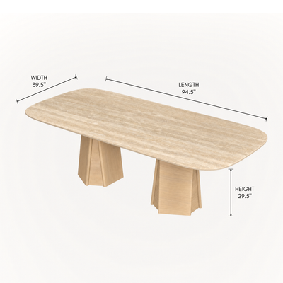 ACERKA Miami presents the Chuli Rectangular Dining Table by Valerio Sommella, featuring a beveled Italian Classic Travertine top and tapered solid oak pedestals.