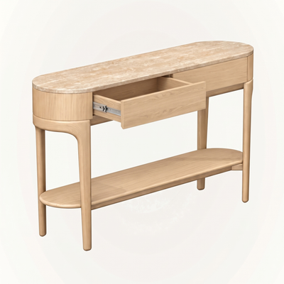 The Tcha Oak Console by Ramón Esteve features an Italian Classic Travertine top with natural tonal variation and texture, paired with an FSC-certified solid oak base for ACERKA Miami.
