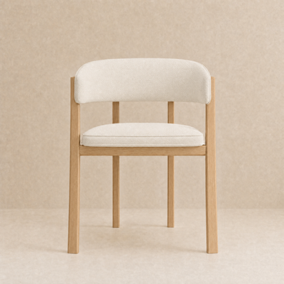 A modern dining chair with a light beige upholstered seat and curved backrest, supported by a natural oak wood frame, set against a neutral beige textured background.