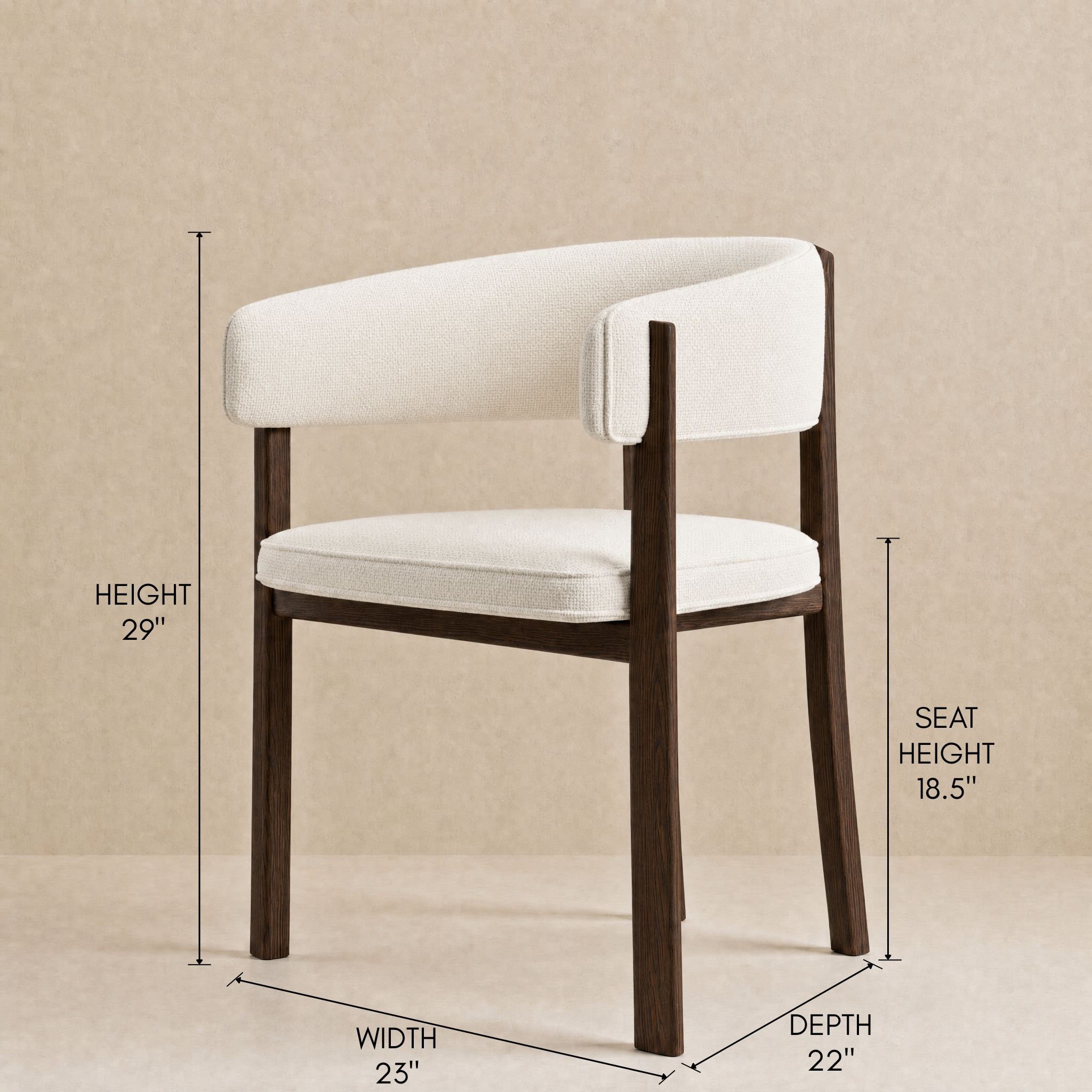 A wooden dining chair with white upholstered seat and back cushion, shown with dimension callouts for height, seat height, width, and depth on a beige background.