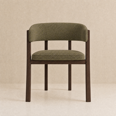 A modern accent chair with a dark brown wooden frame and textured olive green fabric upholstery on the seat and curved backrest, shown against a neutral beige background.