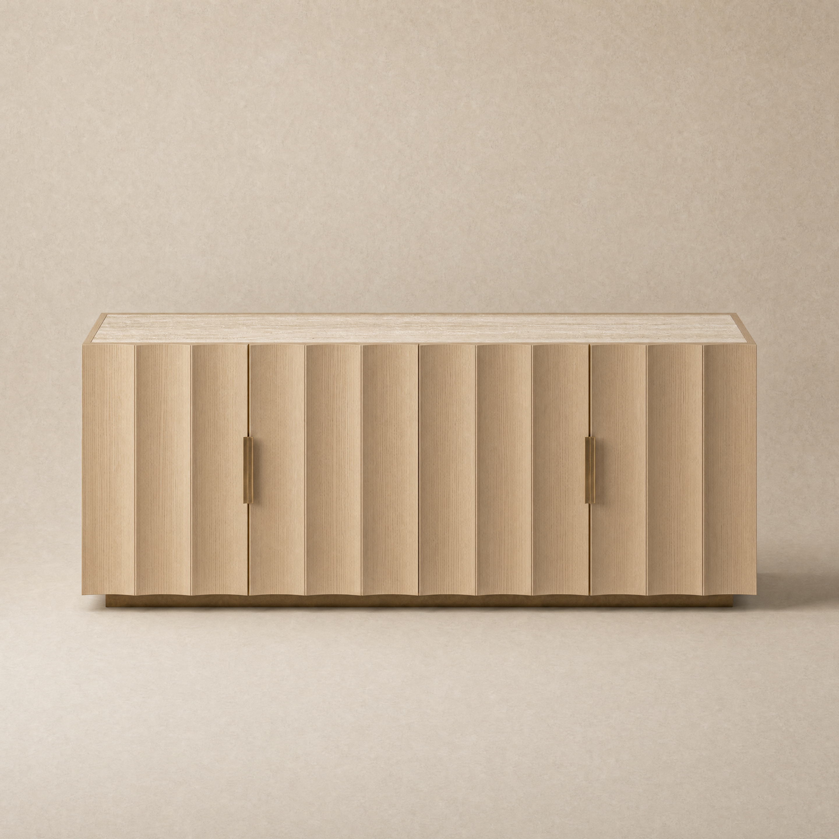 A modern light beige wood sideboard with vertically fluted doors and slim brass handles, set against a textured beige background.