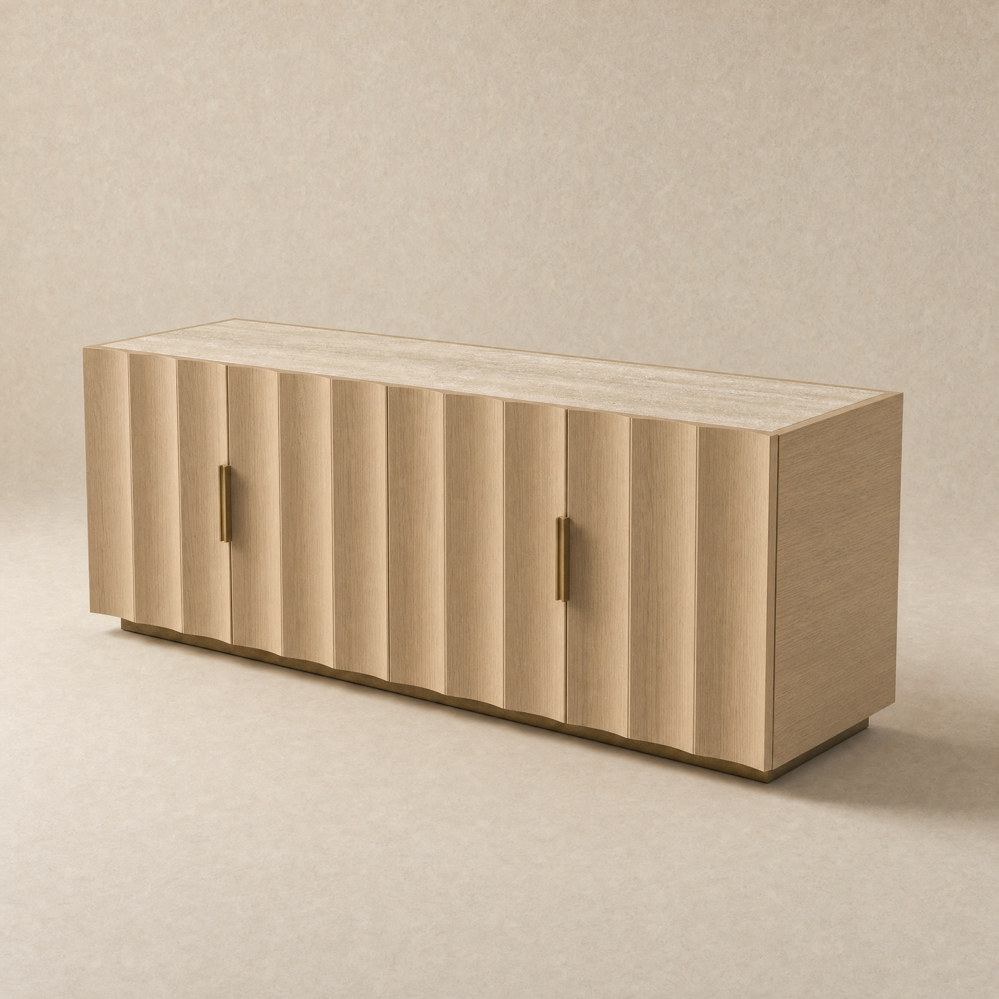 A modern rectangular sideboard or credenza with fluted vertical doors, a light natural wood finish, and slim brass door handles, shown on a warm beige textured background.