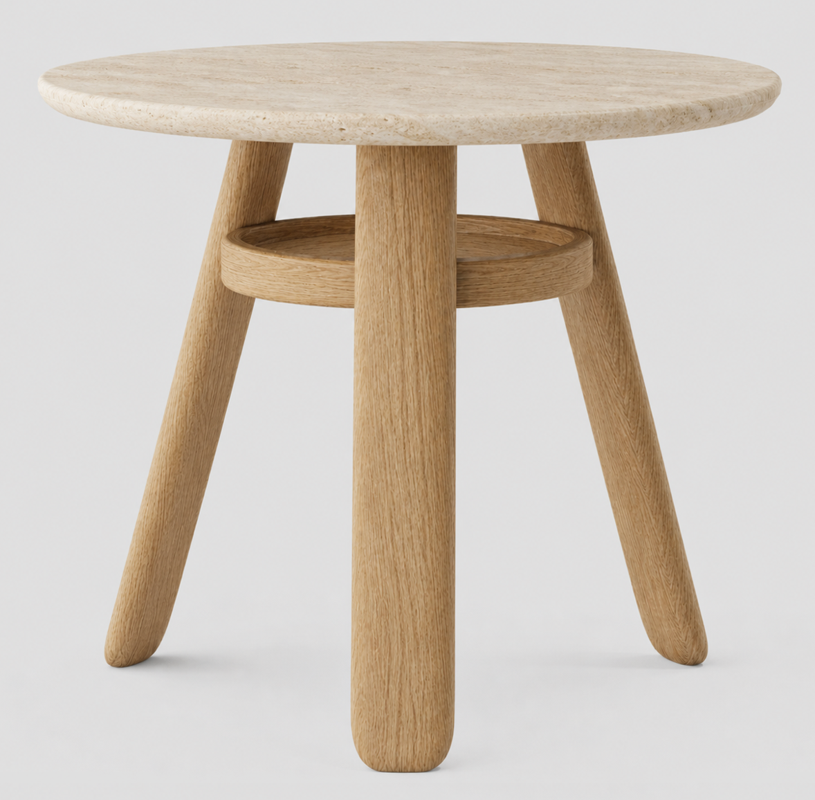 A round wooden side table with a light beige stone top and a natural oak wood base with three angled legs and a circular footrest, shown on a light gray background.